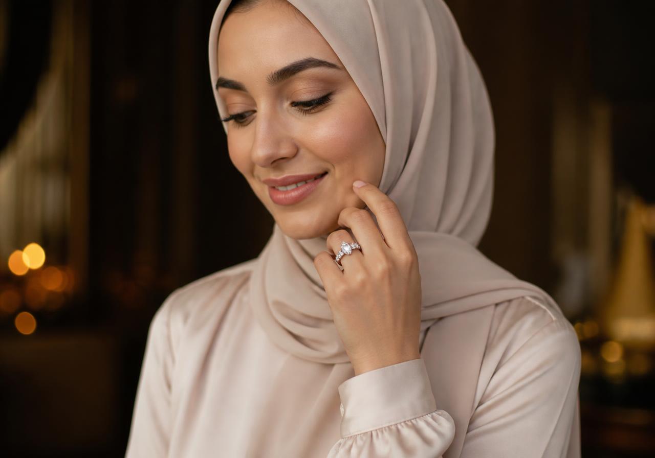 امرأة ثلاثينية محتشمة تبتسم بسعادة وهي تنظر إلى خاتم ألماس هالو بثلاثة فصوص في إصبعها